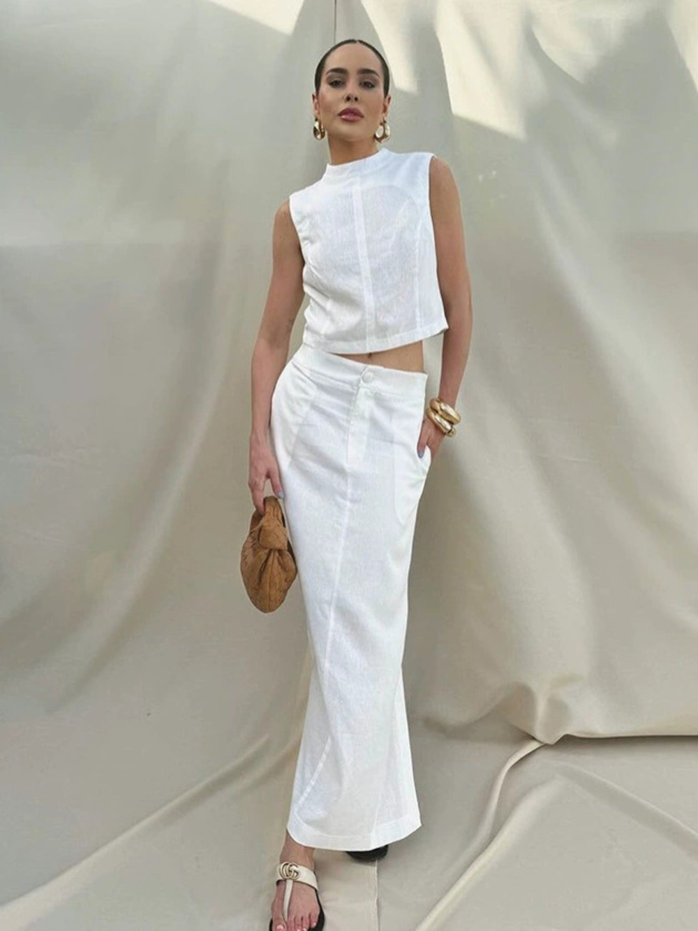 Zara Cotton Stand Collar Vest Top Long Dress 2 Piece Set Spring Summer Casual